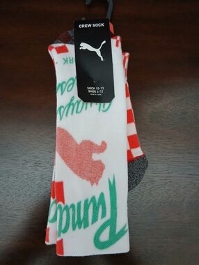 NWT Men's Puma Crew Socks in White with Green & Red Accents